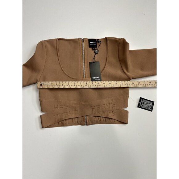 Herve Leger Long Sleeve Scoop Neck Crop Top Sun Beige NWT Small - Picture 11 of 12